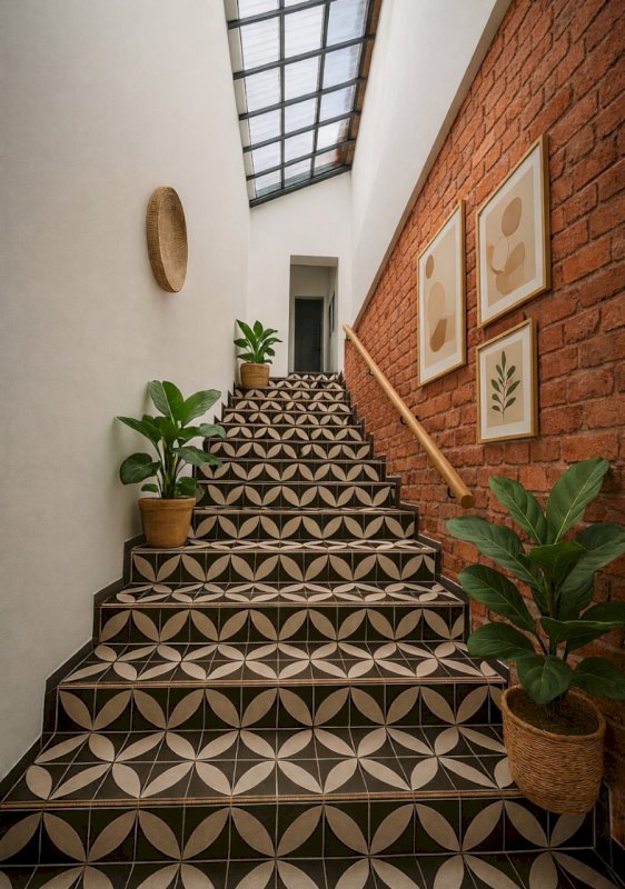penggunaan bata tempel pada dinding tangga rumah minimalis