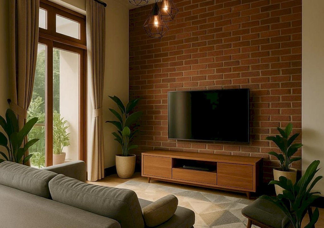 penggunaan bata tempel pada dinding ruang tv rumah minimalis