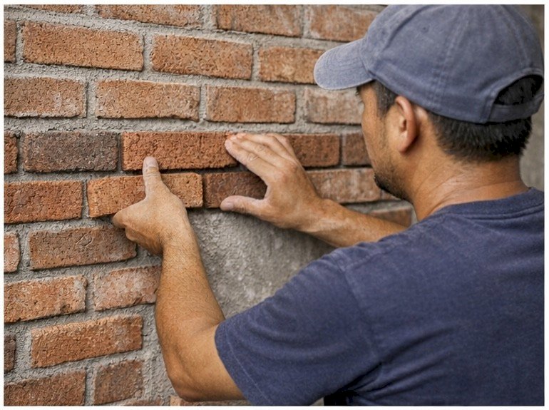 Pemasangan bata tempel menggunakan perekat